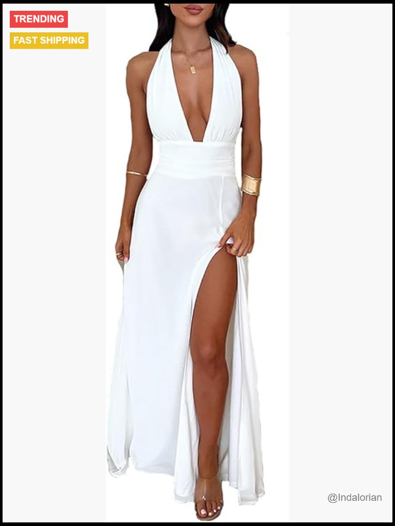 Sleeveless Deep V Neck Long Maxi Dress Halter Backless Ruched High Slit